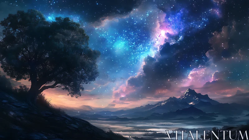 Starlit valley landscape with tree silhouette at dusk.