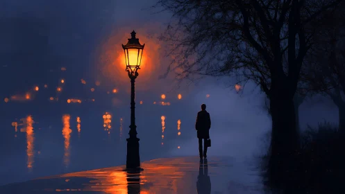 Solitary figure under glowing lamppost beside misty river.