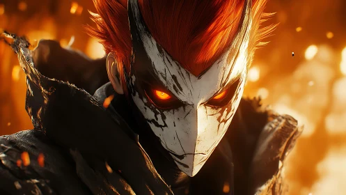 Masked fiery-eyed warrior amid burning orange embers.