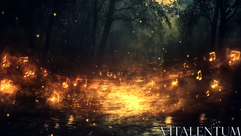 Glowing musical notes swirl over misty enchanted forest pond