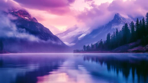 Alpine lake at dawn renders ethereal chromatic mountain reflections