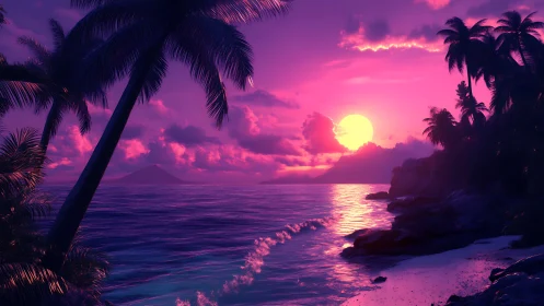 Neon dusk oasis where tropical palms drink liquid light.