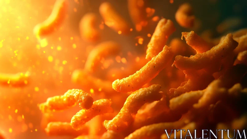 Macro close-up of cheese snack curls in dynamic motion field