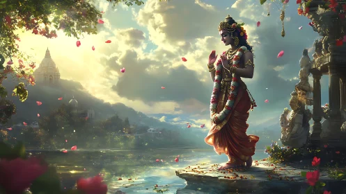 Digital rendering shows adorned figure standing beside reflective river