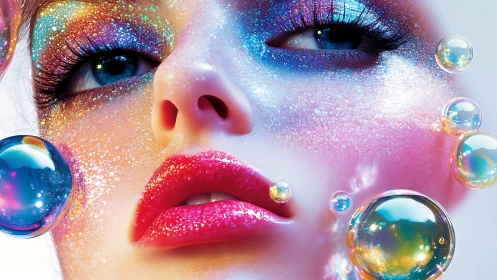 Iridescent close-up portrait unites glitter makeup and bubbles