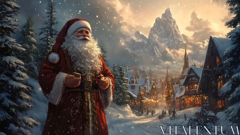 Santa Claus walks through a glowing alpine Christmas village