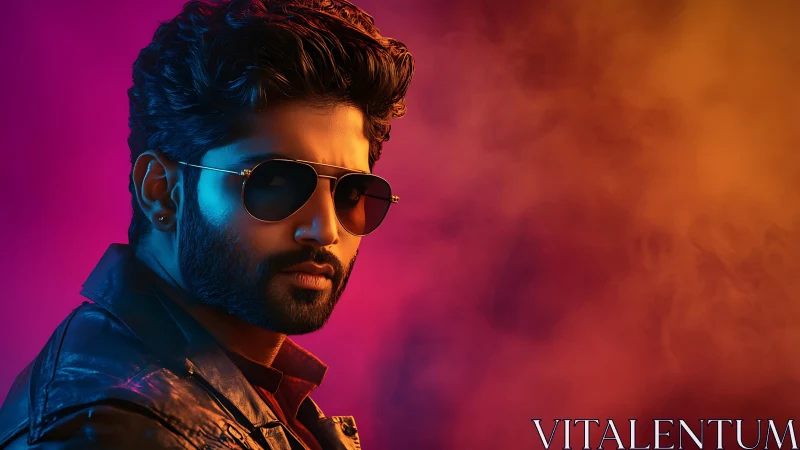 Chromatic portrait of bearded man in sunglasses and leather jacket.