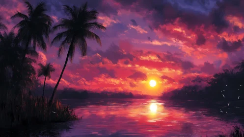 Gentle tropical sunset over calm water and silhouetted palms.
