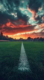 Sunset soccer field glowing under dramatic painted sky.