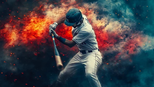 Explosive baseball swing ignites dynamic energy and color.