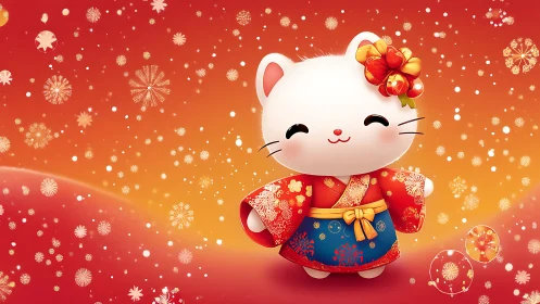Smiling lucky cat in festive kimono brings gentle joy