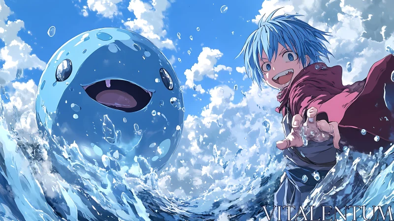 Energetic blue-haired hero with water sprite in dynamic waves.