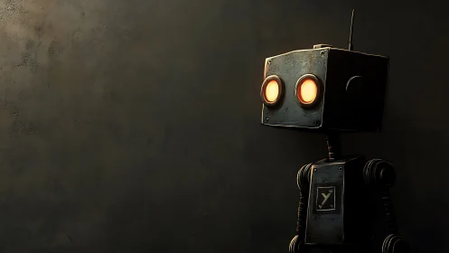 Curious little boxy robot gazes warmly into the shadows