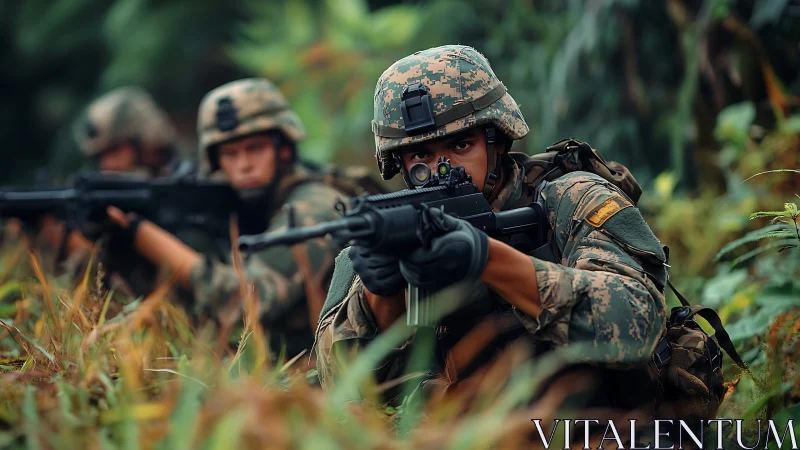 Infantry squad advances through dense jungle under fire.