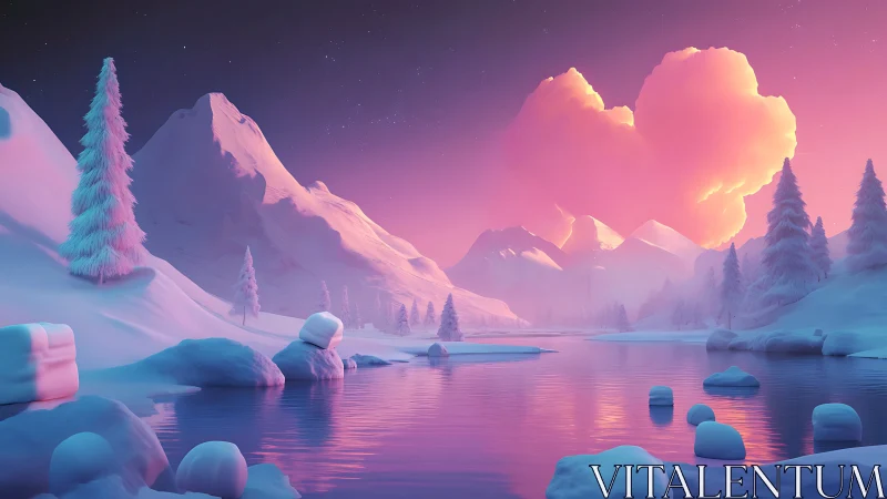 Iridescent winter valley rendered in soft-gradient digital light
