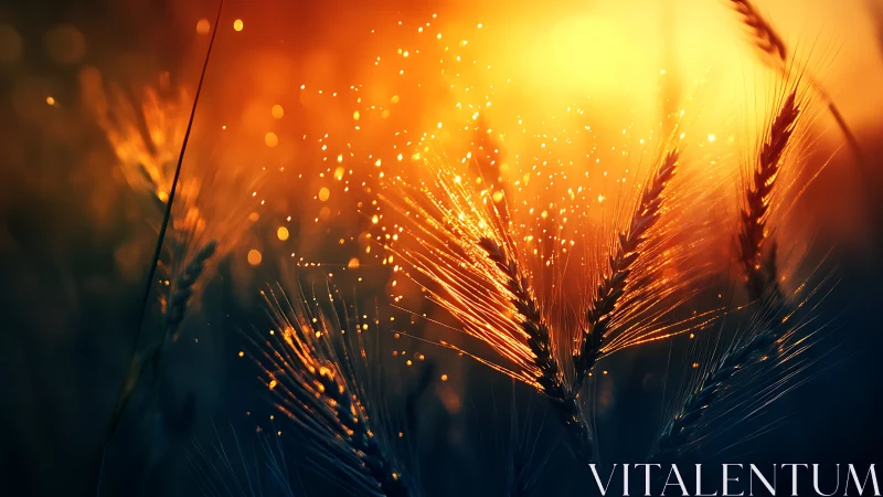 Backlit wheat heads with particle-like bokeh at sunset.
