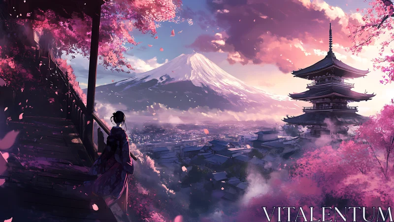 Kimono figure overlooking pagoda and distant snowy mountain.