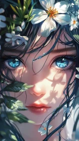 Digital portrait of young face framed by white flowers.