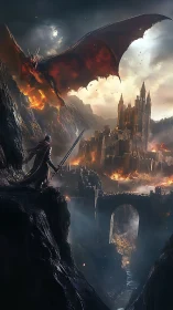 Armored swordsman confronting fire dragon above besieged citadel