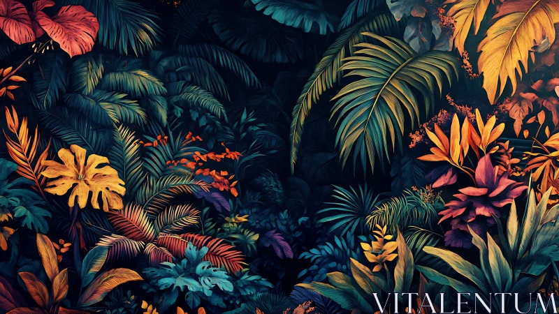 Vibrant digital jungle foliage under deep shadowed canopy