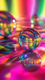 Transparent spheres rest on reflective, multicolor striped plane
