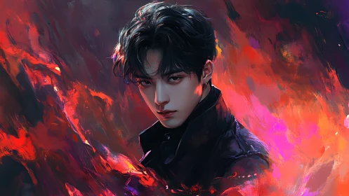 Digital portrait of young male figure amid abstract flames.