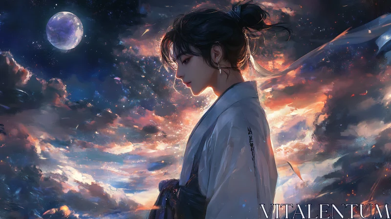 Moonlit sky-walker draped in twilight clouds and memory.