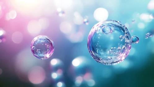 Shimmering soap bubbles drift through a dreamy pastel glow
