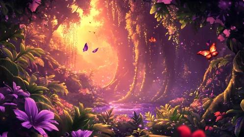 Digital forest scene shows glowing clearing with butterflies
