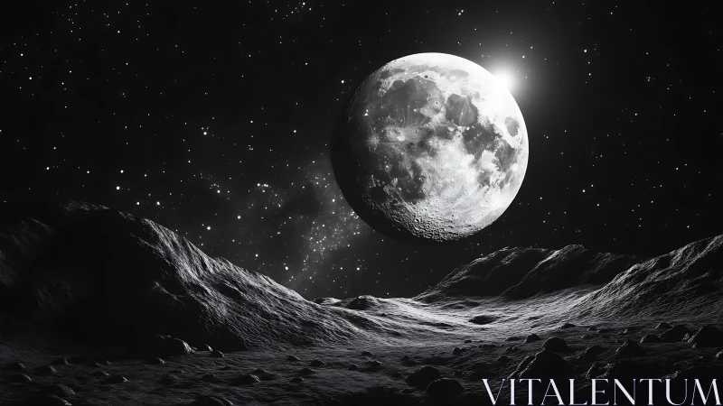 Quiet lunar horizon under a glowing moonlit sky.