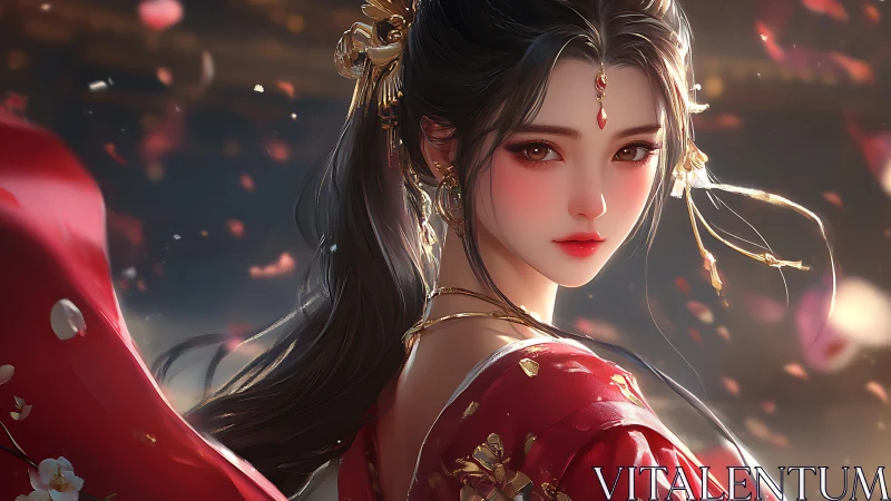Digital portrait of woman in red robe with falling petals.