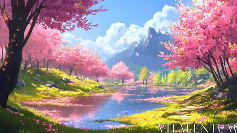 Chromatic spring valley with reflective lake and alpine ridge.