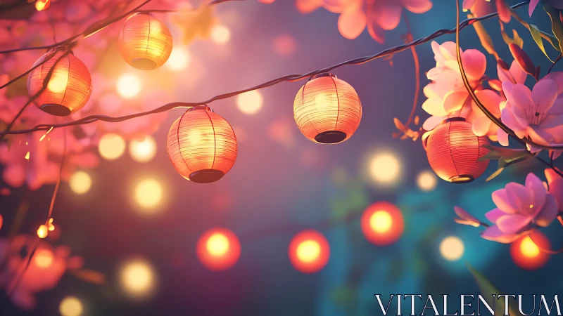 Lanterns among pink blossoms under soft night bokeh glow.