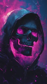 Neon hooded skull swirling in electric pink twilight.