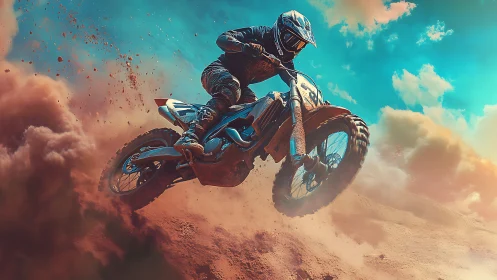 Motocross rider carves dusty jump under neon sky glow.