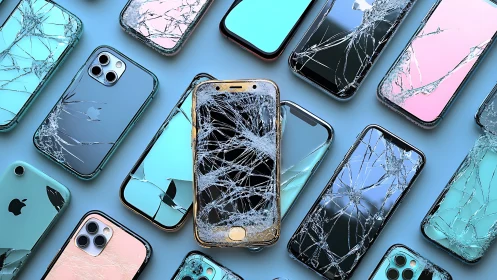 Shattered smartphone chorus in icy neon repair-shop limelight.