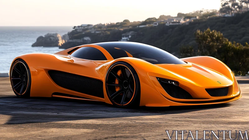 Seaside sunset showcase of streamlined orange hypercar design.