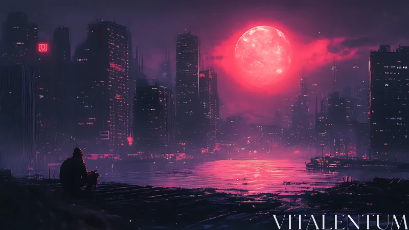 Crimson moonrise drapes a neon-drowned cyberpunk skyline.
