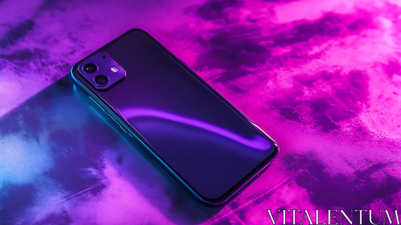 Dual-lens smartphone with dynamic neon cyan and magenta gel lighting