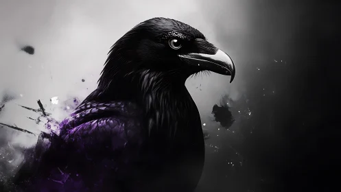 Midnight raven emerging from violet inked shadows.