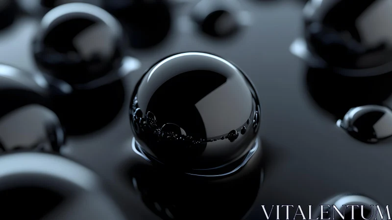 Gleaming black spheres resting in a calm reflective world.