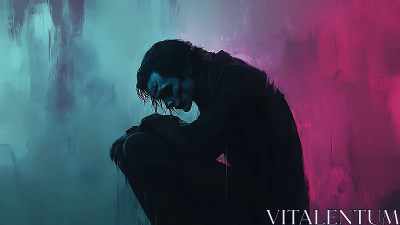 Moody digital portrait in cyan magenta split lighting study.