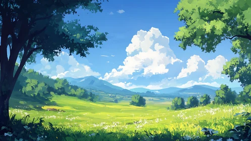 Sunlit valley meadow unfolds beneath towering summer clouds.