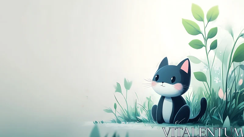 Black and White Cat Sitting Among Soft Green Foliage.