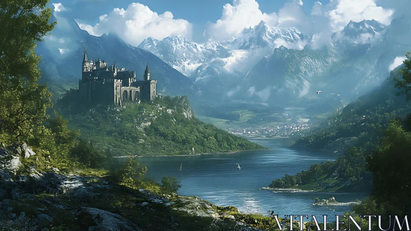 Stone fortress above lake within extensive mountain basin.