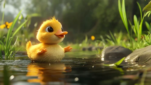 A Tiny Duckling's First Adventure in Nature's Water.