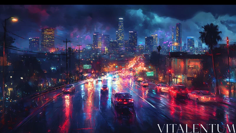 Rainy city highway reflects neon lights and traffic