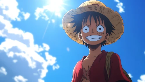 Straw-hatted anime boy smiles beneath bright summer sky.