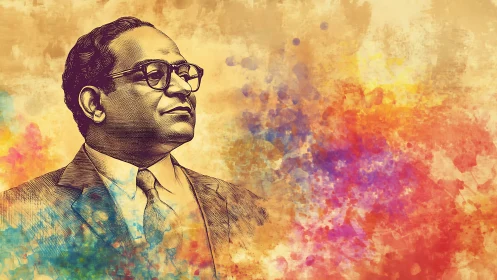 Portrait of dignified man amid vivid watercolor splashes.