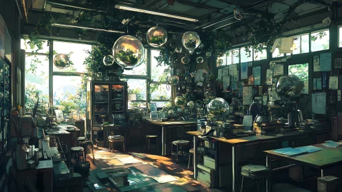 Sunlit botanical laboratory classroom with suspended terrariums